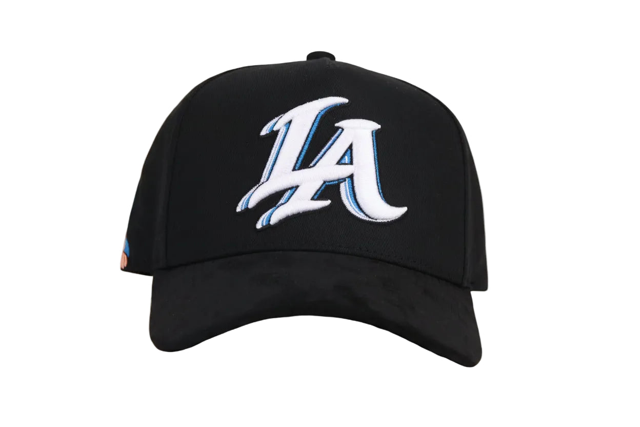 Black cap with 'LA' logo on a white background